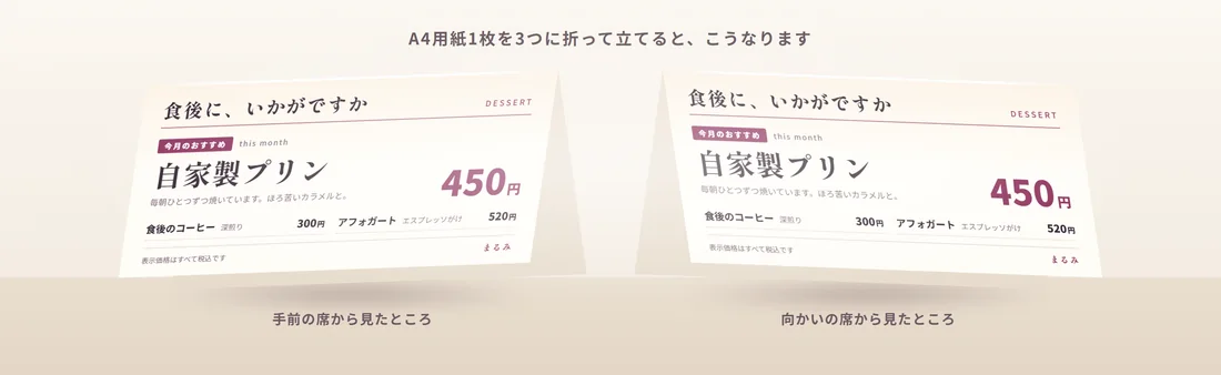 A4用紙1枚を3つに折って立てた三角POPの完成イメージ。同じ内容が両面に刷られているため、手前の席からも向かいの席からも同じメニューが読める