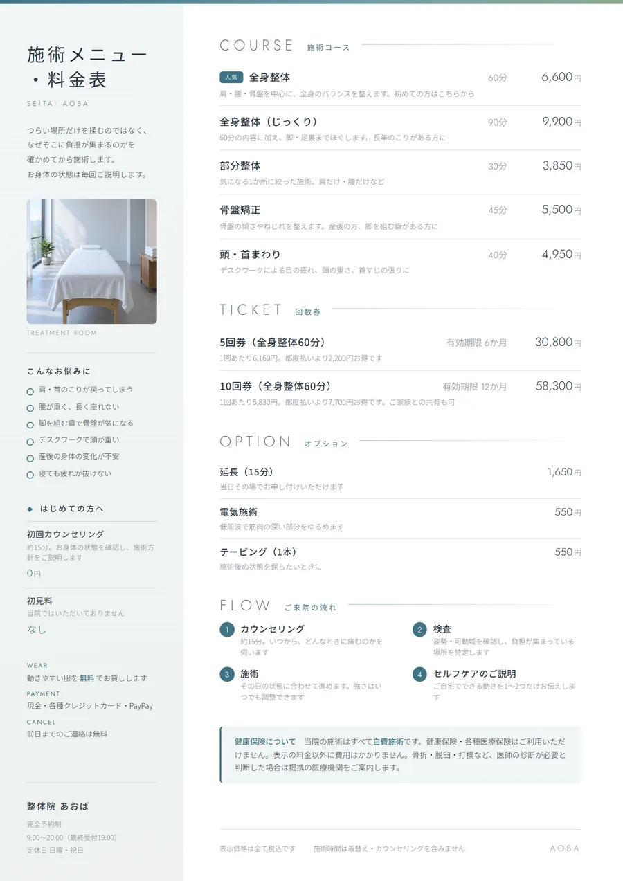 整体院のA4料金表の作例。左に院の方針と「こんなお悩みに」の一覧、右に施術コースを並べ、全身整体60分6,600円のように所要時間と料金を揃えて表示している。回数券、オプション、ご来院の流れ、健康保険は自費施術である旨の注記を含む
