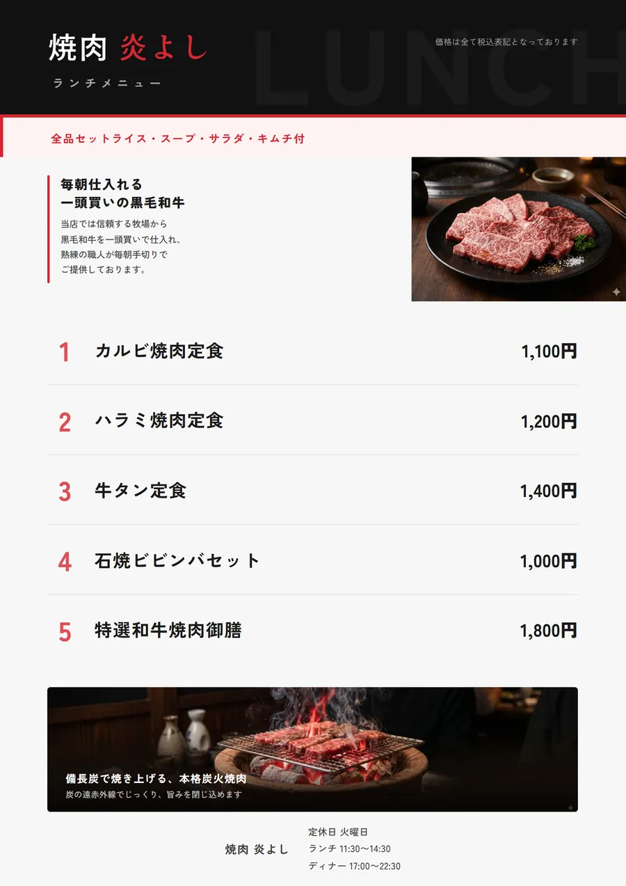 焼肉店のランチメニューの例。定食5品に1から5の番号を振り、カルビ焼肉定食1,100円のように価格を右端で揃え、上部に「全品セットライス・スープ・サラダ・キムチ付」と共通のセット内容を1行で表示している